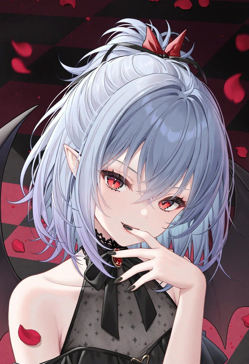 1girl, remilia scarlet, wings, solo, red eyes, bat wings, looking at viewer, ribbon, pointy ears, bare shoulders, black nails, grey hair, checkered floor, petals, alternate costume, upper body, smile, nail polish, collarbone, hair between eyes, blue hair, hair ribbon,
masterpiece,best quality,newest,absurdres,highres,very awa,<lora:haneru1_noob1.1-000195:0.8>,