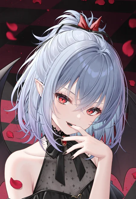 1girl, remilia scarlet, wings, solo, red eyes, bat wings, looking at viewer, ribbon, pointy ears, bare shoulders, black nails, grey hair, checkered floor, petals, alternate costume, upper body, smile, nail polish, collarbone, hair between eyes, blue hair, hair ribbon,
masterpiece,best quality,newest,absurdres,highres,very awa,<lora:haneru1_noob1.1-000195:0.8>,
