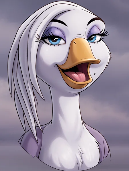 ultra high quality,ultra high resolution,ultra photorealistic,full body, seductive, very realistic,(extremely detailed),detailed scales, realistic scales,rough scales, detailed background,,(masterpiece, best quality, high quality, highres, ultra-detailed),an image of stella, stellabalto, goose, cartoon, flat colors, white feathers, short beak, yellow beak, tongue, open beak, seductive expression, purple eyeshadow, long eyelashes, blue eyes, white hair, three long white hair strands hanging down, portrait, close up face, <lora:Stella_Balto_3-000006:0.9> an image of stella, stellabalto, goose, cartoon, flat colors, white feathers, three long white hair strands hanging down, long eyelashes, blue eyes, white hair, purple feathered wings, winged arms, purple eyeshadow, yellow beak, wide hips, beauty mark