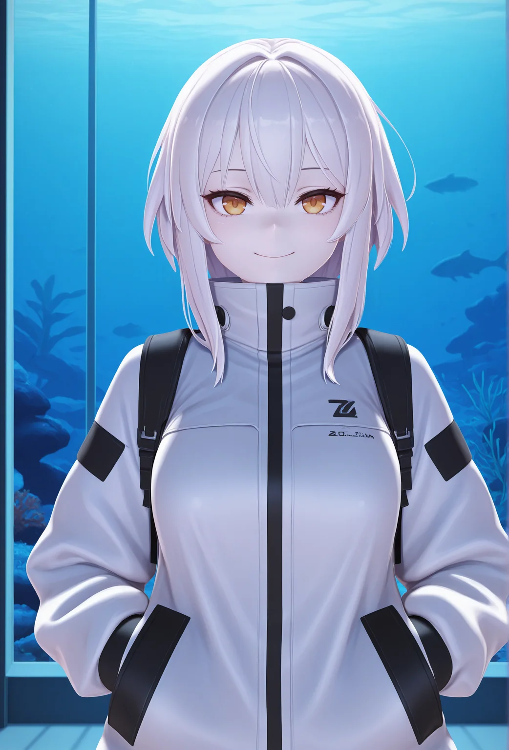 (masterpiece, best quality, very aesthetic, absurdres:1.2), 1girl, science fiction, aquarium, pale skin, white hair, straight-on, jacket, looking at viewer, smile, <lora:zy0n7_style_illustrious_v1:1> z07style