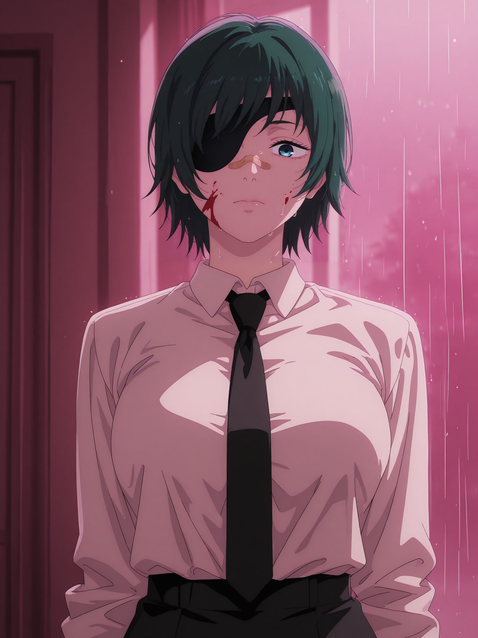 score_9, score_8_up, score_7_up, source_anime, hires image, masterpiece, best quality,   anime coloring, anime screencap, masterpiece, best quality, amazing quality, intricate details
himeno (chainsaw man), mature female, short hair, green hair, blue eyes, good eyes, medium breasts, eyepatch, <lora:Chainsaw_Man_Style__Character_Pack:0.8> 1girl, solo, 
from front, 1girl, solo, adult, awesome, look at viewer, himenomv, 1girl, solo, green hair, short hair, eyepatch, blue eyes,outfit_1, formal, white shirt, collared shirt, black necktie, shirt tucked in, short skirt, sadness, fatigue on the face, at night, portrait, bandaid on nose, blurry background, pink lighting, night, dark, pink theme, rain, blood on face,