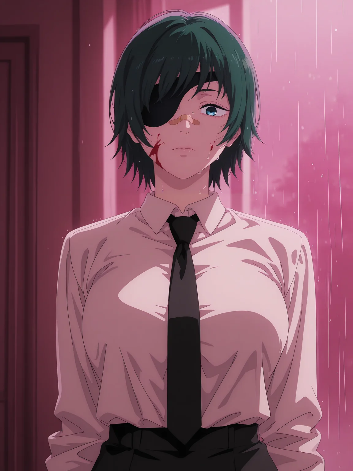 score_9, score_8_up, score_7_up, source_anime, hires image, masterpiece, best quality,   anime coloring, anime screencap, masterpiece, best quality, amazing quality, intricate details
himeno (chainsaw man), mature female, short hair, green hair, blue eyes, good eyes, medium breasts, eyepatch, <lora:Chainsaw_Man_Style__Character_Pack:0.8> 1girl, solo, 
from front, 1girl, solo, adult, awesome, look at viewer, himenomv, 1girl, solo, green hair, short hair, eyepatch, blue eyes,outfit_1, formal, white shirt, collared shirt, black necktie, shirt tucked in, short skirt, sadness, fatigue on the face, at night, portrait, bandaid on nose, blurry background, pink lighting, night, dark, pink theme, rain, blood on face,