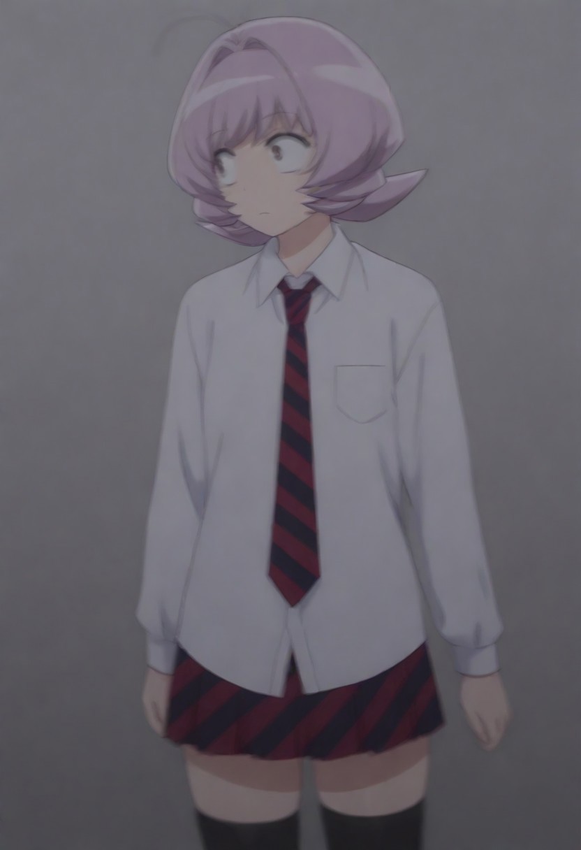 masterpiece, best quality, amazing quality,,, shiny skin,,,,,<lora:Osana_Najimi_cnn:0.8> osananajimicnn,,short hair, brown eyes,androgynous, light purple hair, school uniform, white shirt, striped necktie,striped skirt, pleated skirt,black thighhighs,