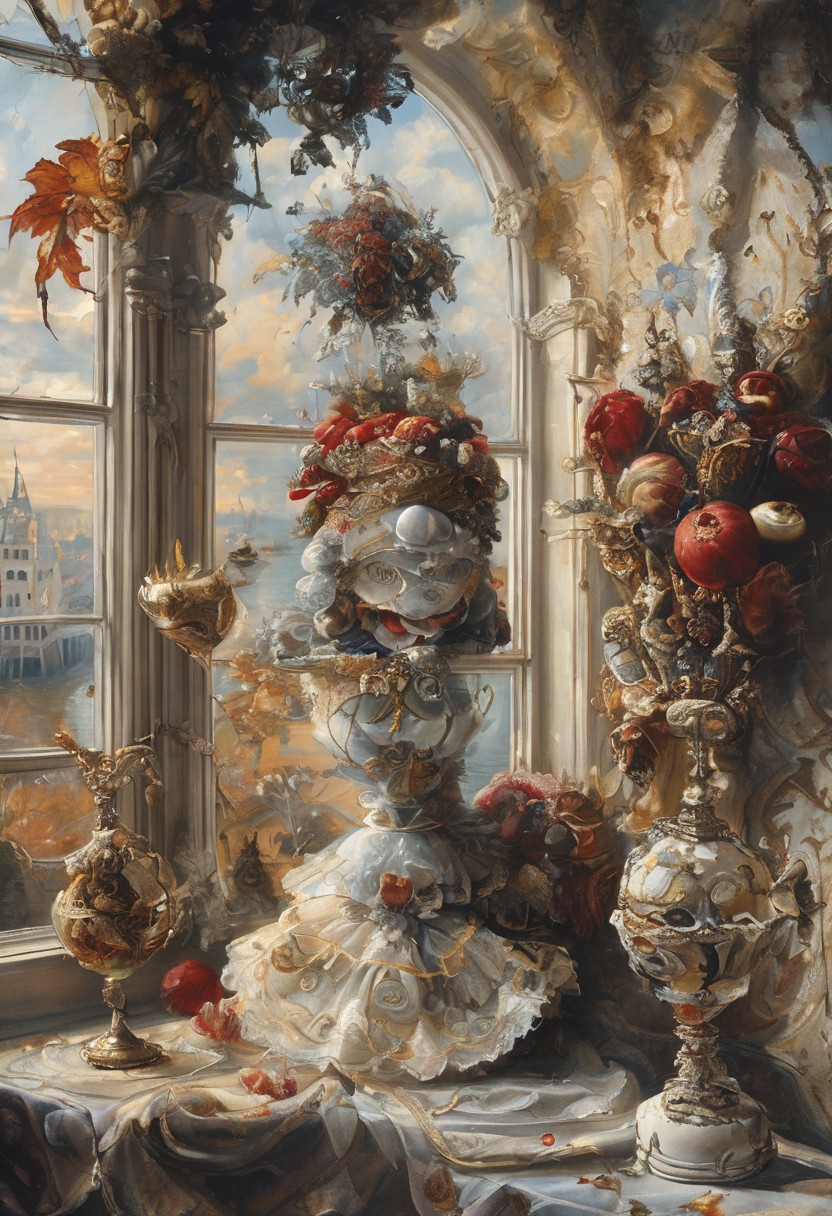 A still life in the style of 17th-century Dutch masters: Venetian mask with gilt edges and velvet texture, antique brass hourglass, crystal goblet filled with red wine, grapes with dewdrops. Dramatic Rembrandt-style lighting from a side window casting deep shadows. Through the window: a fantasy landscape — medieval castle with floating bridges and stained-glass towers, Baroque clouds (voluminous, illuminated by golden light), and a majestic dragon with iridescent scales soaring across the sky. Details: dust motes in light beams, cracked plaster walls, dragon's reflection in the goblet. Technique: oil painting with glazing layers, chiaroscuro contrast, hyperrealistic textures of aged wood and polished crystal.