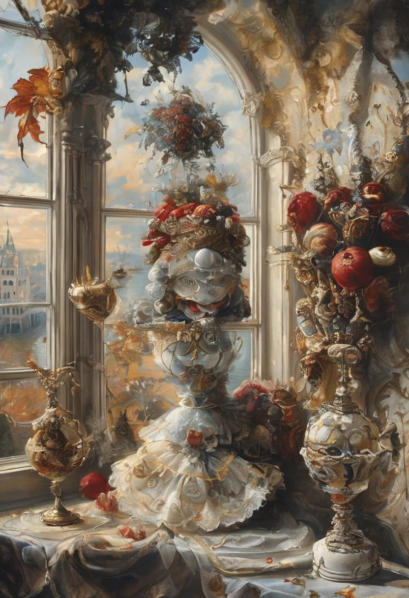 A still life in the style of 17th-century Dutch masters: Venetian mask with gilt edges and velvet texture, antique brass hourglass, crystal goblet filled with red wine, grapes with dewdrops. Dramatic Rembrandt-style lighting from a side window casting deep shadows. Through the window: a fantasy landscape — medieval castle with floating bridges and stained-glass towers, Baroque clouds (voluminous, illuminated by golden light), and a majestic dragon with iridescent scales soaring across the sky. Details: dust motes in light beams, cracked plaster walls, dragon's reflection in the goblet. Technique: oil painting with glazing layers, chiaroscuro contrast, hyperrealistic textures of aged wood and polished crystal.
