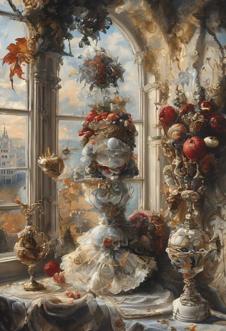 A still life in the style of 17th-century Dutch masters: Venetian mask with gilt edges and velvet texture, antique brass hourglass, crystal goblet filled with red wine, grapes with dewdrops. Dramatic Rembrandt-style lighting from a side window casting deep shadows. Through the window: a fantasy landscape — medieval castle with floating bridges and stained-glass towers, Baroque clouds (voluminous, illuminated by golden light), and a majestic dragon with iridescent scales soaring across the sky. Details: dust motes in light beams, cracked plaster walls, dragon's reflection in the goblet. Technique: oil painting with glazing layers, chiaroscuro contrast, hyperrealistic textures of aged wood and polished crystal.