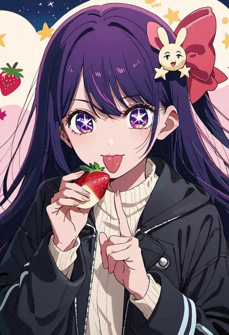 score_9, score_8_up, score_7_up, source_anime, hoshino ai, purple hair, purple eyes, long hair, symbol-shaped pupils, star-shaped pupils, star (symbol), 1girl, food, fruit, tongue, strawberry, bow, solo, hair ornament, tongue out, holding food, holding, jacket, pink bow, hair bow