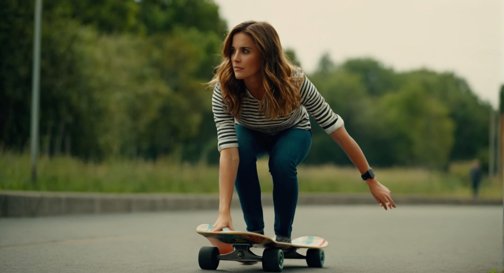cinematic film still of  <lora:Cinematic Film:1> Cinematic Film stock footage in (arri alexa style) Kodak film print, a woman in a striped shirt is on a skateboard Cinematic Film Style, shallow depth of field, vignette, highly detailed, high budget, bokeh, cinemascope, moody, epic, gorgeous, film grain, grainy