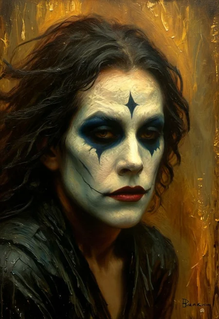 (((closeup painting))) of a female, crouched in an alley, harlequin makeup, tear streaked face, makeup running, brush strokes, impressionistic, (((dream the crow black dream))), horrifically captivating beauty, pale bone white skin, enticing the viewer closer, painted in style of clive barker, inspired with hellraiser like design, dark shot, shadows, dim light , dark light, red and black theme, cold city street, pouring rain, despair, revenge
BREAK
Dutch angle, unique perspective, dramatic lighting