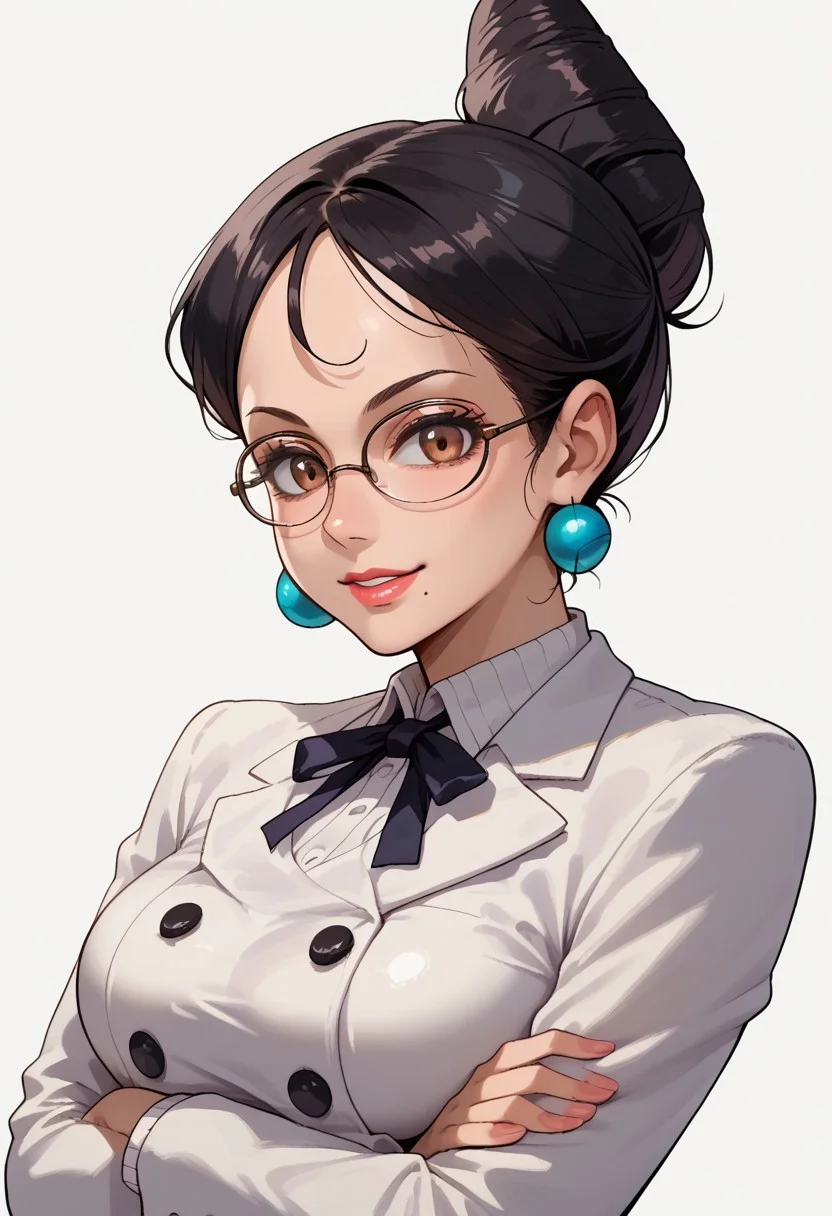 source_anime, score_9, score_8_up, score_7_up, vibrant colors, simple background, detailed, high quality, transparent background,
BREAK
upper body, absurdres, detailed hair, face focus, high detailed face, perfect face, perfect eyes, shiny eyes, lip gloss, shiny hair, brown eyes, glasses, ball earrings, large breasts, black hair, high bun hair, hair bun, mole under mouth, neck ribbon, double breasted blazer, long sleeves, crossed arms, perfect hands, perfect skin, texturized skin, large eyelashes, texturized fabric, seductive smile, suggestive expression