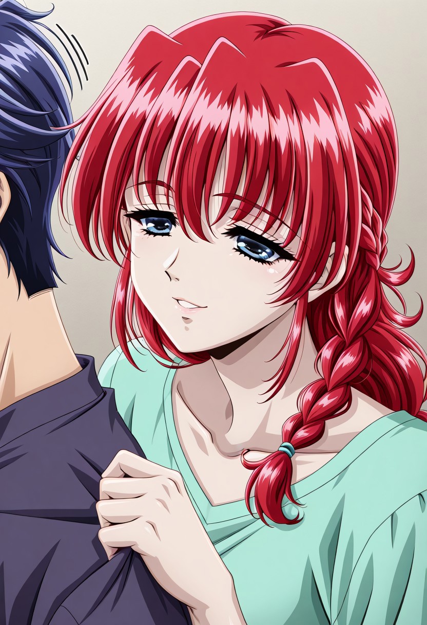 masterpiece, best quality, newest, highres, uncensored, 1girl, yokota mamoru style,motion lines,1girl,Yamashita Kumi, Braided Hair Loopies, Long Hair, Red Hair, Spiky Bangs,Cyan eyes, Tareme eyes,, Slim, Young-adultmasterpiece, best quality,This is a vibrant, highly detailed anime-style drawing featuring two characters in a warm, indoor setting. The scene depicts a young man and woman in a close embrace, with a sense of intimacy and comfort. The woman, with striking, shoulder-length red hair styled in a loose, flowing manner, has a pale skin tone and large, expressive blue eyes that convey a mix of emotion, possibly sadness or distress.happy girl,seductive smile