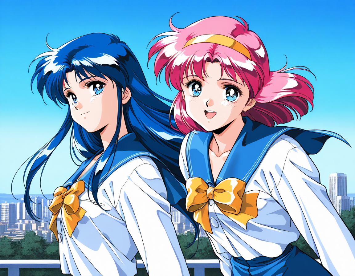 masterpiece, best quality, good quality, <lora:AiShimai_Futari_no_Kajitsu_IS:1> Kitazawa_Rumi, 1girl, blue hair, breasts, long hair, blue eyes, 
school uniform, serafuku, retro artstyle, 1990s (style) BREAK, Kitazawa_Tomoko, 1girl, pink hair, Yellow hairband, small breasts, short hair,
serafuku, school uniform, Yellow ribbon, 1girl, BREAK,
 multiple girls, 2girls, blue eyes, blue hair, long hair, retro artstyle, long sleeves, smile, bow, blue sailor collar, sailor collar, 1990s (style), upper body, looking at viewer,
outdoor, sky, city,