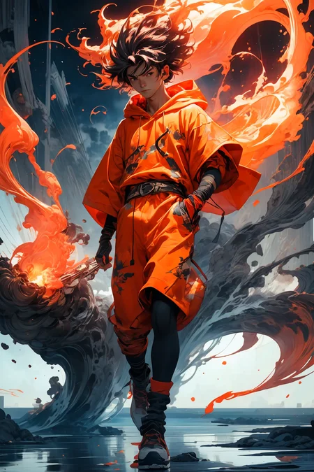 masterpiece, best quality, 1boy, skinny, intricate detail, flame headwear, headphones, brown eyes, feet out of frame, wind, floating hair, flame, gloves, Orange hoodie with flame print, anime screencap, aura,
<lora:more_details:0.4>
 <lora:Cosmic anime-oil fusion v2:0.4> 
<lora:AnimeVibesV3:0.25> animevibes, 
<lora:3DMM_V11:0.5> 3DMM 
<lora:midjourney_20230624181825:0.4> midjourney ,
 <lora:LAS:0.25> colorful, clouds, 
<lora:msw_locon-t2:0.45>
 <lora:wuxia2:0.5> gu, shiny, shiny hair, shiny skin, shiny clothes