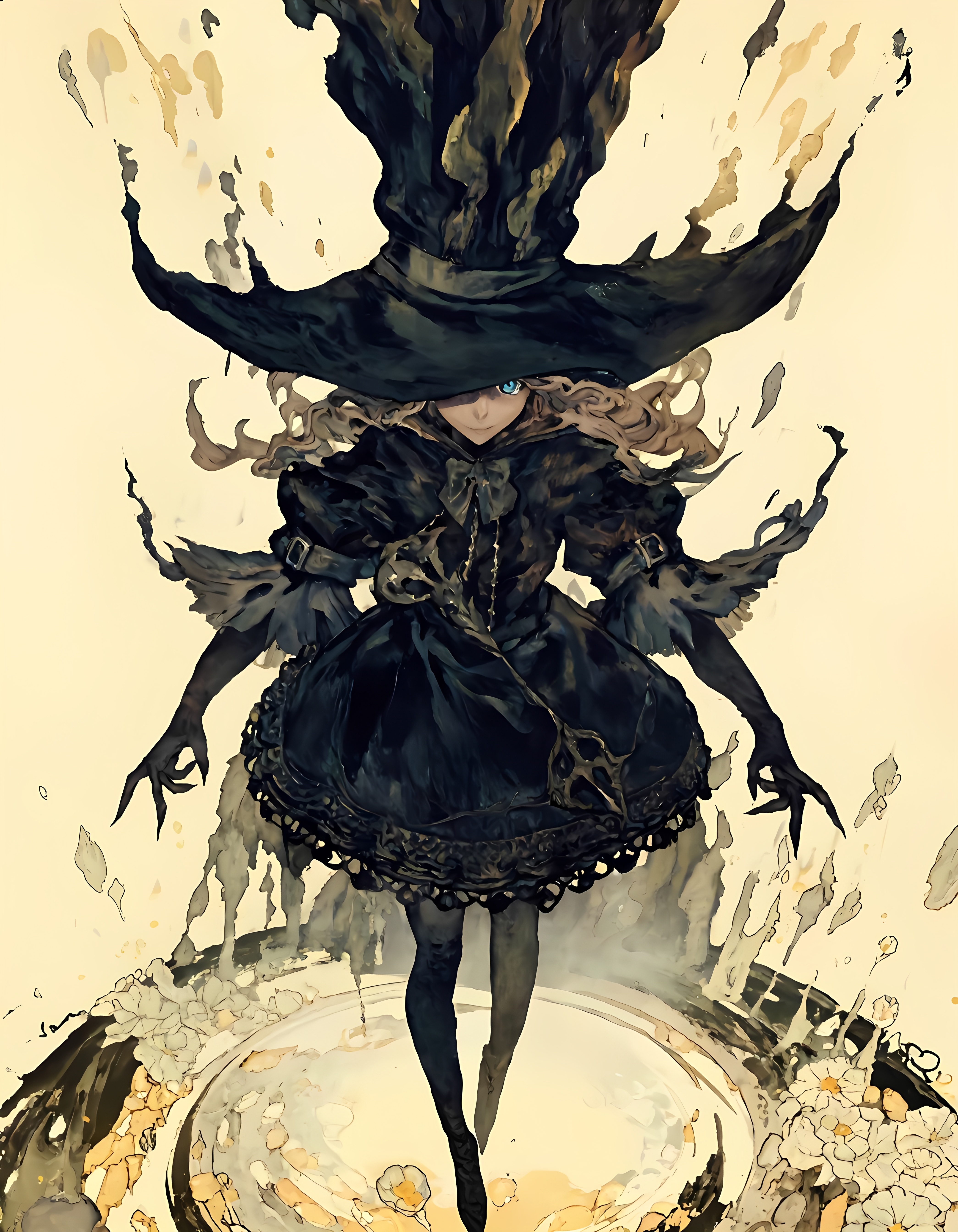 masterpiece, high quality, high sketch art, manga style, a darksoul girl, color ink art, from above. (magehat:1.0), 8k uhd, hyperrealism, hyperdetailed illustration style, Bauhaus style, light yellow background,