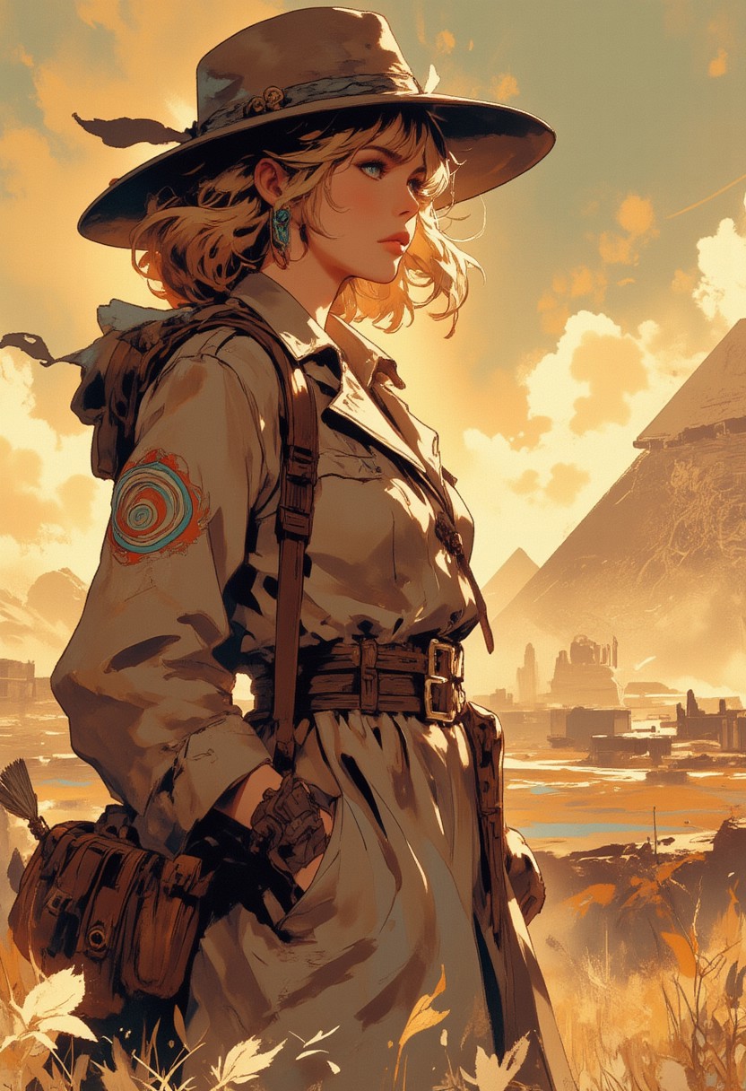 Mh1$AgThS2, intricate linework with expressive contrasts, soft lighting with dynamic highlights, image of a dusty desert with a 1930s female explorer, blonde hair, safari hat and jacket, standing looking up at an Egyptian pyramid, silhouetted at sunset, sparse clouds, In the style of ff-td