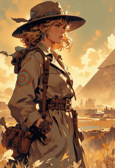 Mh1$AgThS2, intricate linework with expressive contrasts, soft lighting with dynamic highlights, image of a dusty desert with a 1930s female explorer, blonde hair, safari hat and jacket, standing looking up at an Egyptian pyramid, silhouetted at sunset, sparse clouds, In the style of ff-td