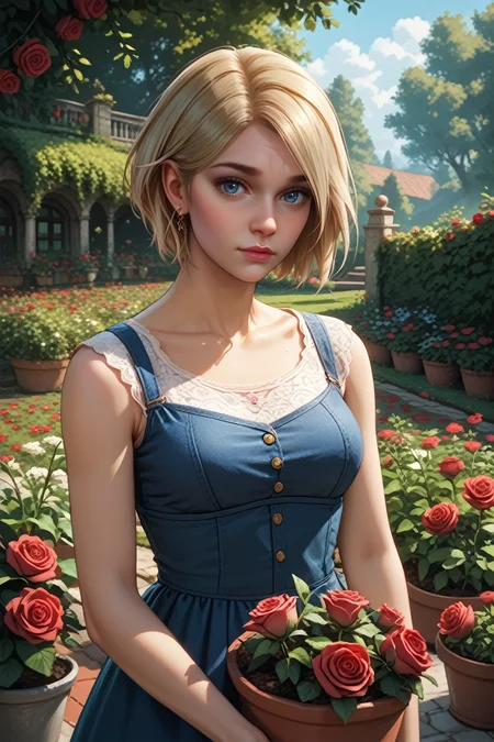 score_9, score_8_up, score_7_up,
<lora:I2SGirl:1>.0
I2SGirl, 1girl, blonde hair, blue eyes, short hair, looking at viewer, rose garden, gardening, floral background