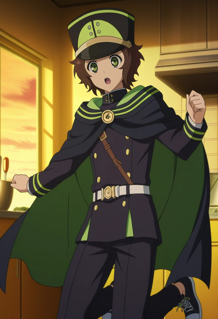masterpiece, best quality, anime screencap, official style, anime coloring, cowboy shot, 1boy, solo, male focus, <lora:yoichi_saotome_ilxl:0.98>, yoichi_saotome, brown hair, green eyes, short hair, military uniform, military hat, black cape, black shirt, black pants, upper body, kitchen, dawn, jumping, :o, Coral Pink Pleated golf pants, Sweater, High-top sneakers, , and