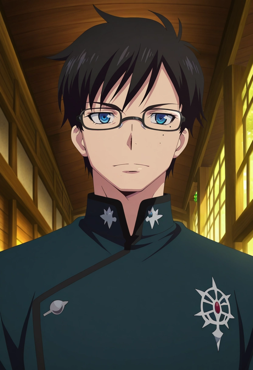 masterpiece, best quality, , anime screencap, anime coloring, official style, , 1boy, solo, male focus, <lora:yukio_okumura_ilxl:0.94>, yukio_okumura, black hair, blue eyes, mole, mole under eye, glasses, black-framed eyewear, forest castle, tree towers, leaf courts, wooden halls, noble pose, majestic expression, morning,