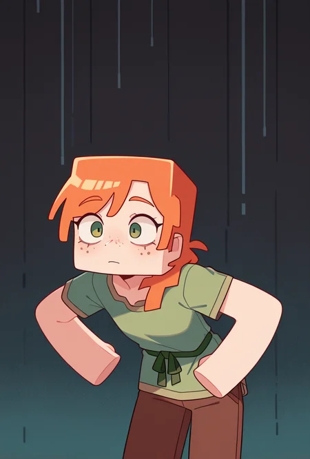 <lora:alexmc-10:1> alexmc, orange hair, 1girl, solo, green eyes, long green shirt, brown pants, short sleeves, freckles, square arms, square body, green waist ribbon, cynamic pose,, masterpiece, best quality, amazing quality, very aesthetic, absurdres, newest,