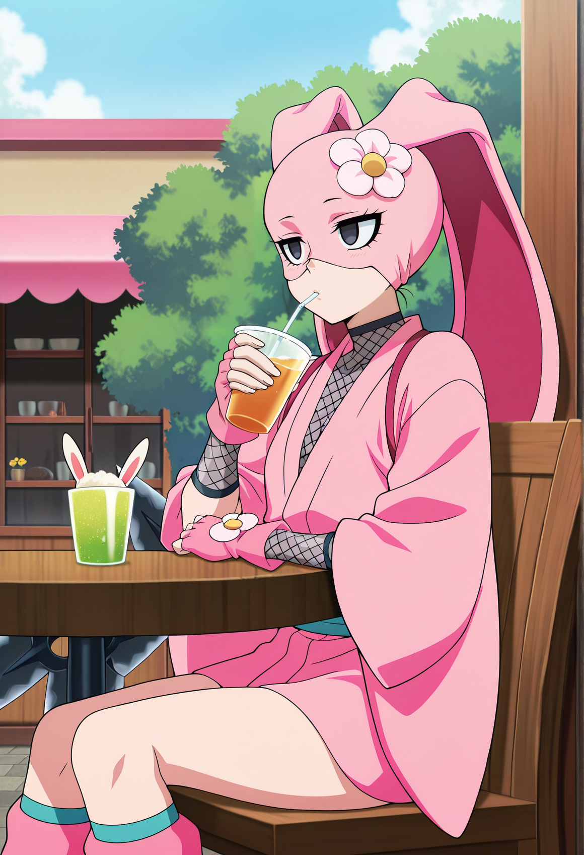 anime screencap, anime coloring, 1girl,  black eyes, ninja, eye mask, pink clothes, bunny ears, flower, wide sleeves, fishnets, fingerless gloves, shuriken, sitting, bored, holding drink, drinking straw, arm rest, outdoors, cafe <lora:Ayame_power_stone:1>, masterpiece, best quality, amazing quality, very aesthetic, absurdres, highres, newest