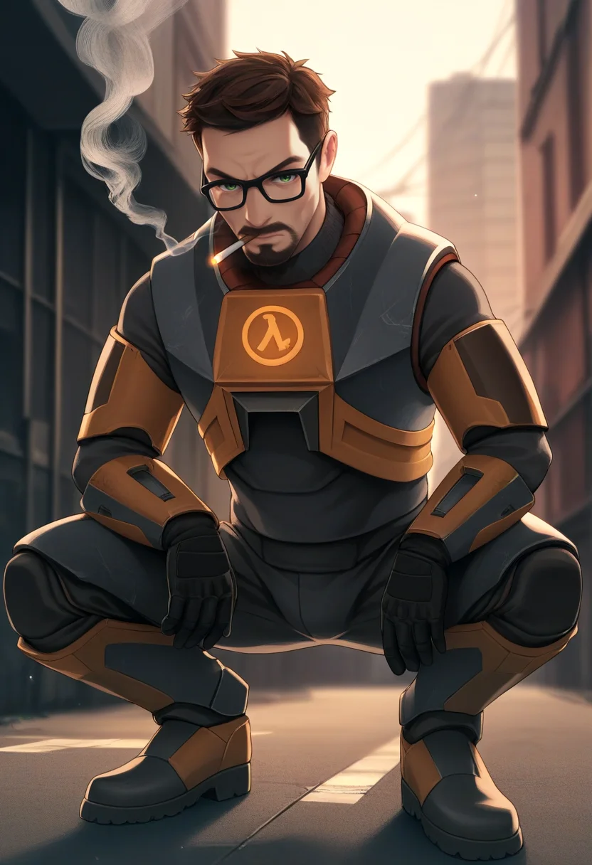score_9, score_8_up, score_7_up, source_anime BREAK 1boy, solo, male focus, <lora:gordonfreeman-hl-richy-v1_pdxl:0.8> gordonfreeman, brown hair, short hair, facial hair, green eyes, glasses, power armor, squatting, smoking, cigarette, closed mouth