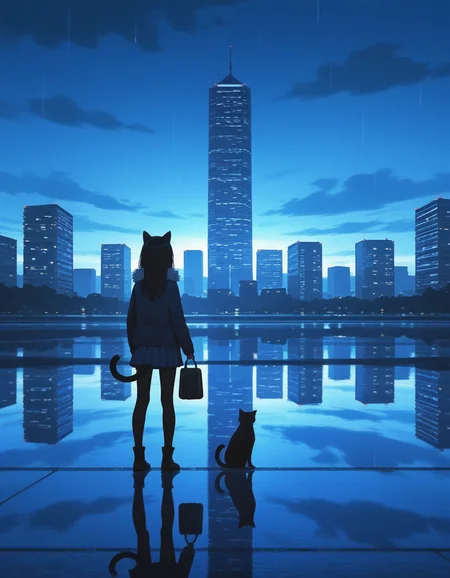 1girl,animal ears,cloud,outdoors,sky,long hair,scenery,cloudy sky,building,rain,skirt,solo,bag,cityscape,boots,reflection,city,standing,from behind,dog,pantyhose,skyline,facing away,tail,long sleeves,blue theme,water,skyscraper,jacket,pleated skirt,fur trim,cat ears,holding,animal,blue skirt,, best quality,amazing quality,very \\
<lora:dmd2_sdxl_4step:1>,masterpiece,best quality,very