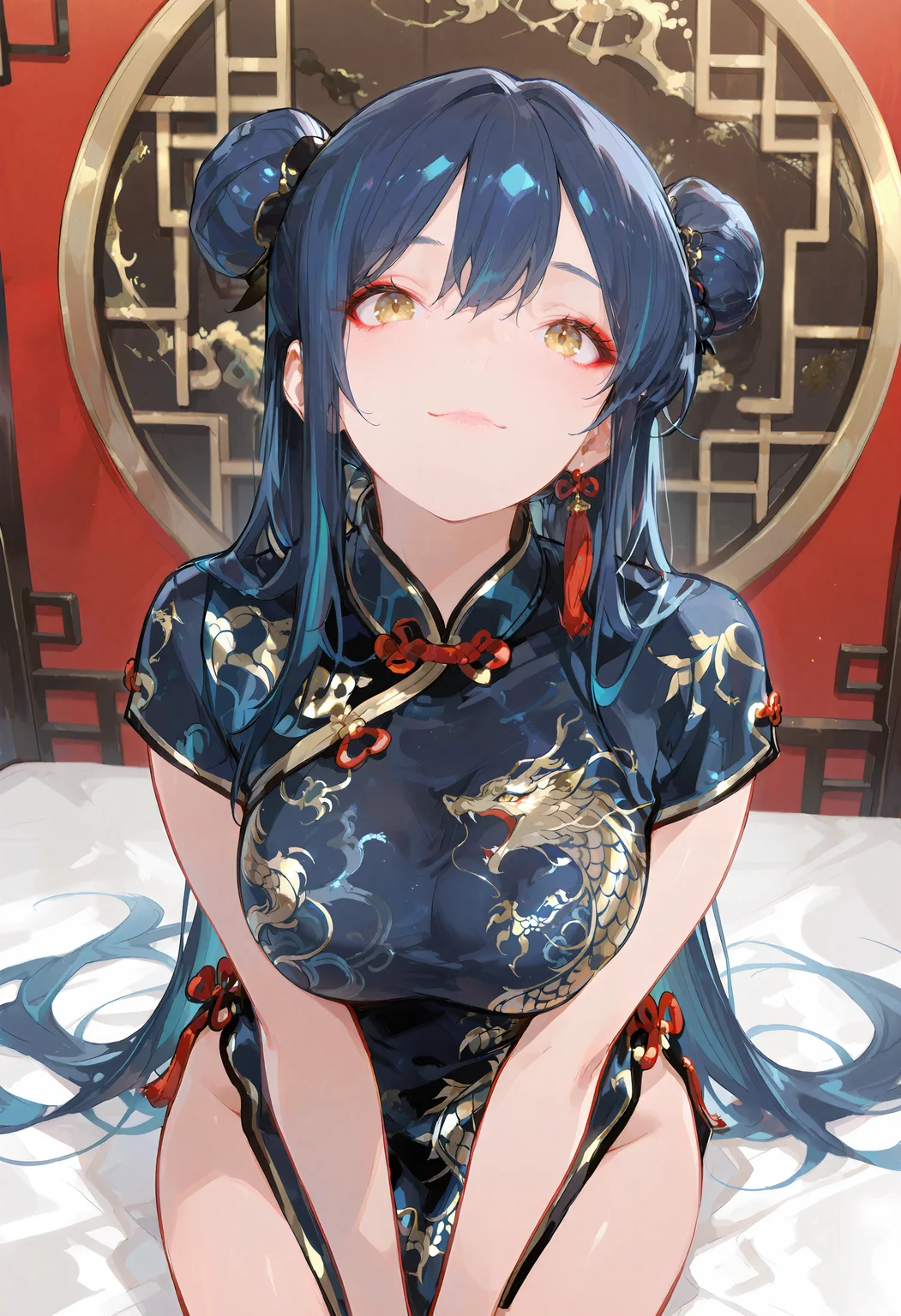 (masterpiece, best quality:1.2), amazing quality, very aesthetic, 32k, absurdres, extremely beautiful, extra details, (sharp detailed:1.2), sharp focus, absurdres, official art, detailed anatomy, correct anatomy, character focus,
1girl, velgrynd, blue hair, solo, hair buns, very long hair, (black china dress:1.3, chinese clothes), large breasts, golden eyes, red eyeliner, tilted head, looking at viewer, looking up, gentle smile,
<lora:velgrynd_v3:1>