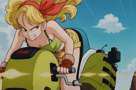 source_anime, score_9, score_8_up, score_7_up, anime screencap,
high quality, launch bad,
1girl, blonde hair, shorts, solo, fingerless gloves, clenched teeth, green crop top, sky, ground vehicle, curly hair, cloud, motor vehicle, teeth, breasts, long hair, red hairband, midriff, short shorts, yellow shorts, v-shaped eyebrows, looking back, from front position, floating hair
<lora:launch_pony_v1.0:0.8>