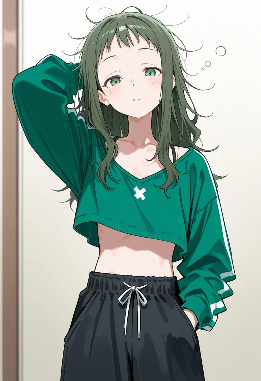 score_9, score_8_up, score_7_up, score_6_up, score_9, score_8_up, score_7_up, score_6_up source_anime, 1girl, solo, long hair, dark-green eyes, messy hair, dark-green hair, green crop top, black loose pants, flat breasts, flat chest, skinny, sleepy face, hand in pocket, hand behind head, glancing at viewer,