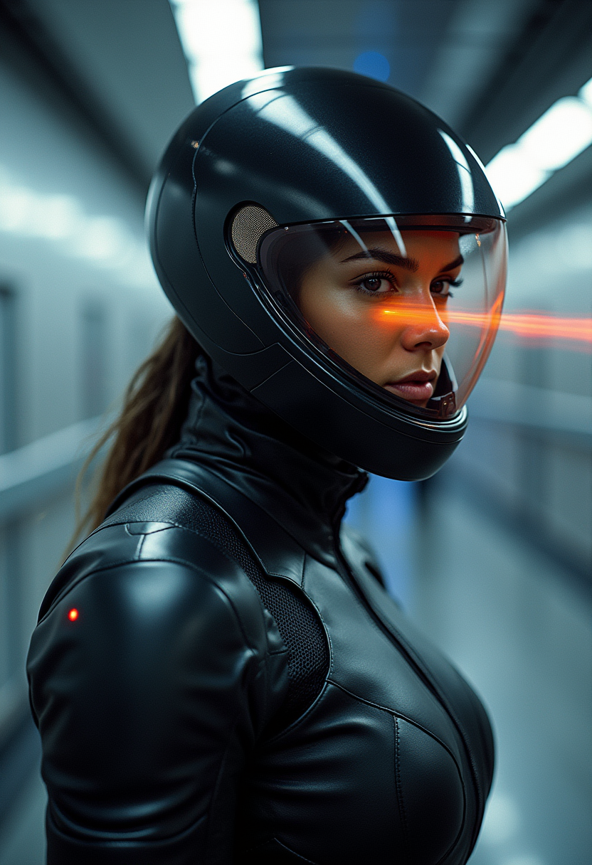a woman   Mass Effect  helmet on his head,techwear clothes on body, photo by Arne Svenson, Motion blur, action,