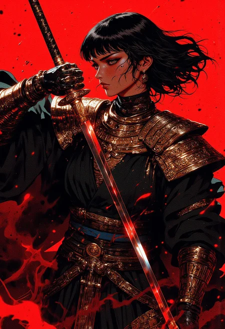 A hyper-detailed anime illustration of JunjiIto.hanna, featuring short black hair styled in a floating French bob cut, exuding an ethereal and unsettling presence. She is adorned with intricate, Egyptian-inspired golden ornaments and avant-garde clothing, crafted with meticulous digital inking and textured shading in Clip Studio Paint, capturing a chilling, cinematic atmosphere. Her long, dark bangs partially obscure her hollow, pupil-less eyes, which gaze upward with an intense, vacant stare. She wears a traditional Japanese school uniform, layered beneath an oversized dark overcoat, adding a sense of mystery and foreboding. In mid-motion, she draws a gleaming katana, with droplets and fine crimson mist elegantly arcing outward from the blade, suggesting intense movement without revealing its source. The crimson mist sharply contrasts against a deep red gradient background, heightening the eerie, surreal ambiance. Shot from a high-angle perspective, enhanced by a 100mm virtual prime lens with an f/2.8 aperture for a shallow depth of field and ISO 50 for ultra-fine clarity, the composition emphasizes her otherworldly presence. The red-to-black gradient background amplifies the unsettling effect, with dramatic shadows and fine grain adding texture. Inspired by Junji Ito’s distinctive unsettling style, the piece captures a moment frozen in time, enveloped in dreadful suspense. (mythp0rt, ne0nfant4sy, midjourney_whisper_avant_couture)