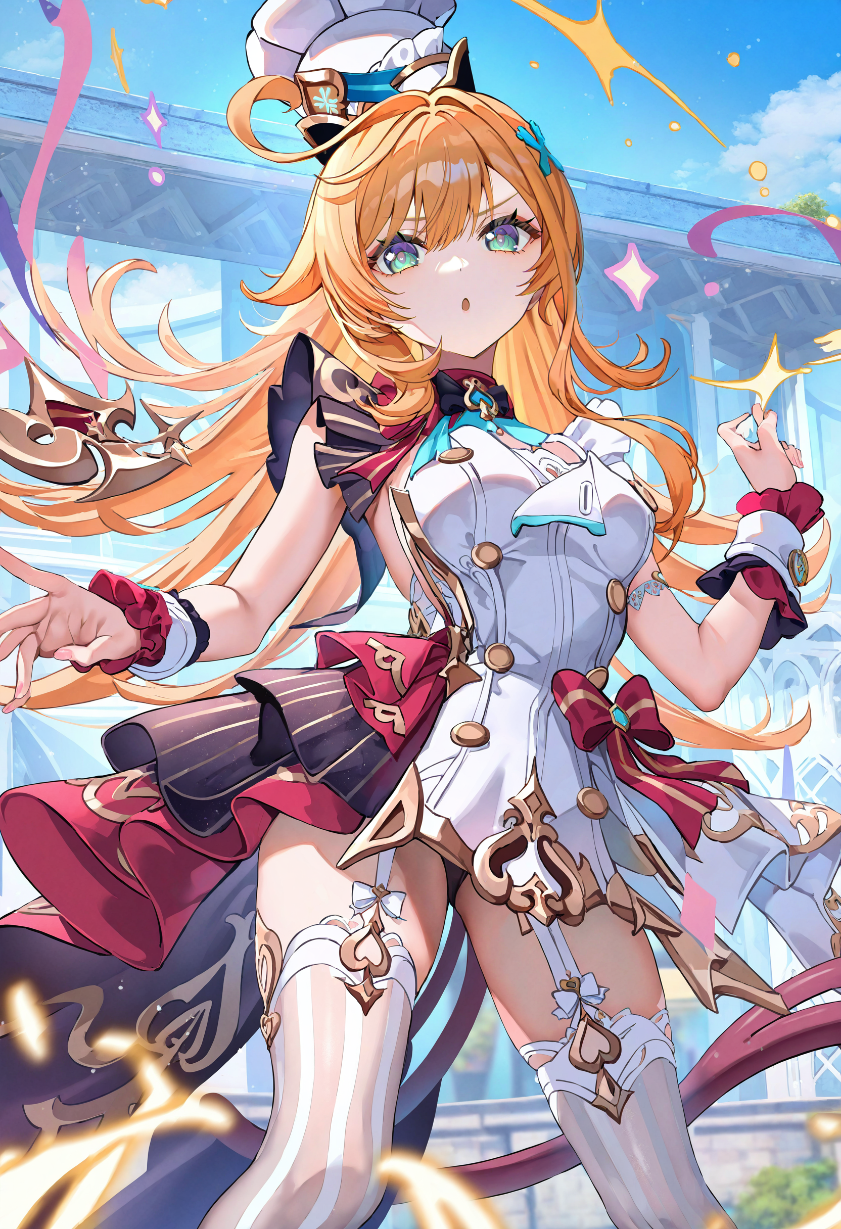 escoffier \(genshin impact\),1girl,chef hat,thighhighs,hair ornament,ahoge,solo,hat,chef hat,long hair,white thighhighs,wrist cuffs,striped thighhighs,striped,white headwear,sleeveless,tail,bow,skirt,
white_,
newest,absurdres,highres,masterpiece,best quality,year 2024,
(yoneyama mai:1),(torino aqua:0.6),(piromizu:0.3),newest,
<lora:escoffier_Noob10:1>,