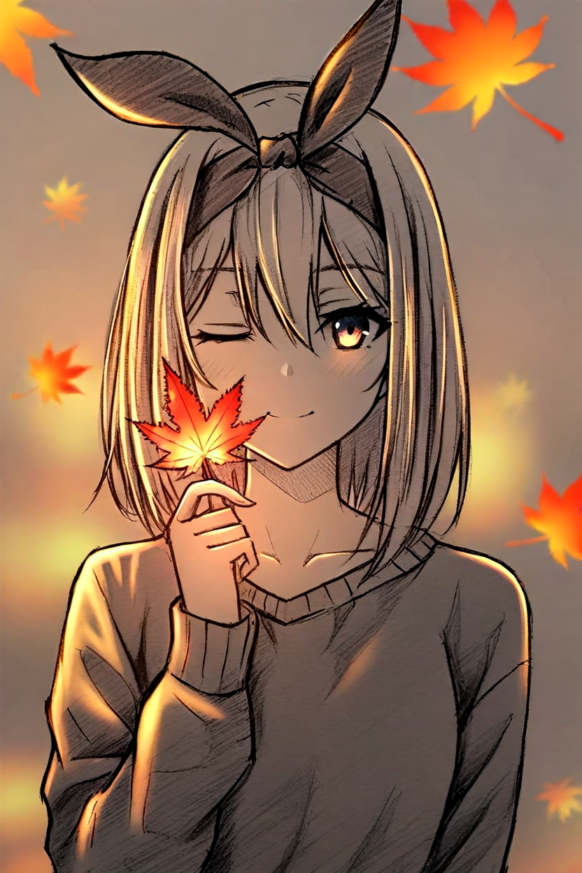 <lora:NeonSketchEffect1llust:0.8>,neonsketcheffect,glowing sketch,glowing,spot color,
masterpiece,best quality,artistic composition,aesthetic design, 1girl, holding leaf, solo, smile, hair ribbon, one eye closed, ribbon, leaf, looking at viewer, monochrome, holding, bangs, hair between eyes, maple leaf, long sleeves, autumn leaves, collarbone, upper body, closed mouth, medium hair