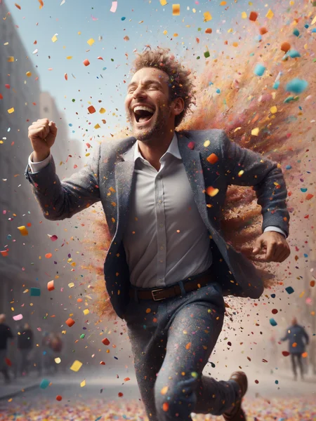 laughing man running through confetti explosion mad-confetti-explosion, (city:1.4)<lora:Confetti_Explosion_SDXL:0.6>, (masterpiece:1.2), best quality, (hyperdetailed, highest detailed:1.2), high resolution textures
