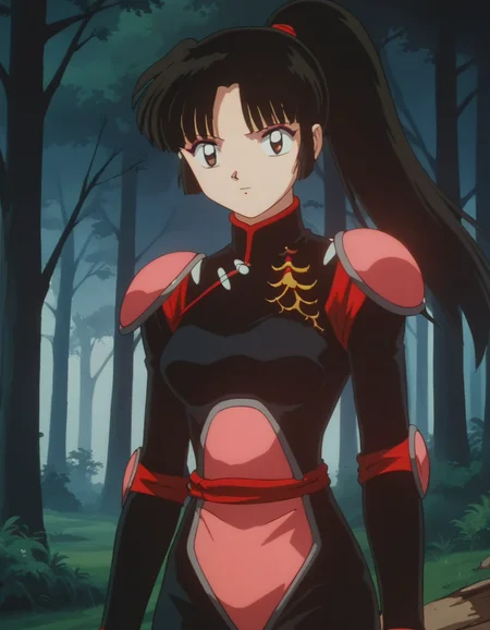 score_9, score_8_up, score_7_up, source_anime,
inuyashasango, <lora:inuyasha-sango-ponyxl-lora-nochekaiser:1>,
sango, long hair, black hair, brown eyes, retro artstyle,
ponytail, armor, bodysuit, pilot suit,
outdoors, forest, nature,
looking at viewer,