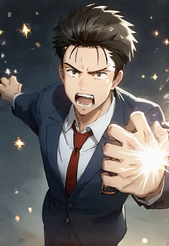 (score 9, score 8 up, score 7 up), ((source anime, best quality, best aesthetic, perfect anatomy)), 1boy, male focus, handsome detailed face, black eyes, blazer, collared shirt, slim body, skinny, necktie, solo, ((Shouting, Hitting, rim lights, beige_background, overhead shot, from the left)), <lora:Shinich:1>, shinichi, <lora:Smooth Anime 2 Style SDXL_LoRA_Pony Diffusion V6 XL:1>, <lora:aesthetic_anime_v1s:1>