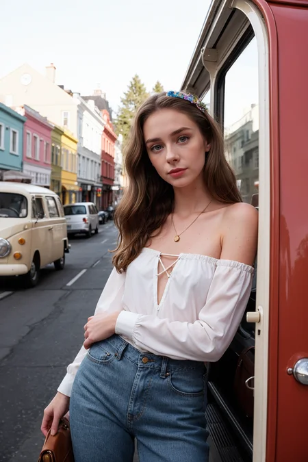 1960s \(style\) photo of cute thin 21 year old jp-Irena, Hippie headband, nude lips, Tunic top, bell-bottom jeans, leather fringes, Psychedelic painted VW bus in Haight-Ashbury, Leica SL2-S, 50mm f/2, 1/250s, ISO 800