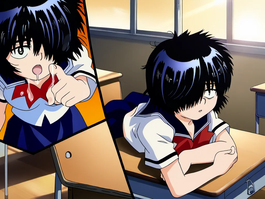 UrabeMikoto, 1girl, short hair, black hair, solo, serafuku, (hair over one eye), messy hair, blue skirt, source_anime, <lora:UrabeSDXL-Pony-16-16-C:1>, medium breasts, classroom, saliva, sunset