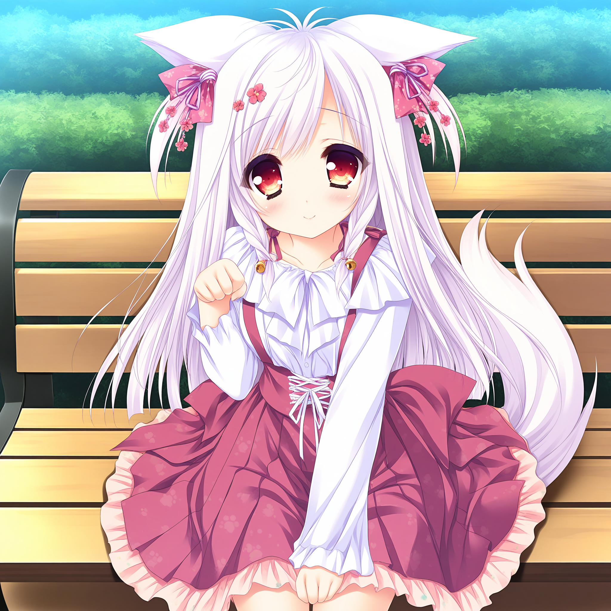<lora:Mito_Kohaku_1_illu-000042:1>,Mito Kohaku,white hair,twin braids,hair bell,hair flower,hair ornament,fox ears,fox tail,
regular clothes,red skirt,white shirt,long sleeves,frilled skirt,pleated skirt,print skirt,suspender skirt,
1girl,solo,smile,sitting,on bench,front view,looking at viewer,front view,straight-on,paw pose,