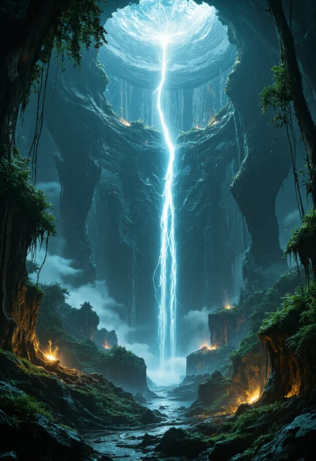 2D concept art scenery concept image illustrating an artificial jungle environment with a devastating photon-storm ripping through, teleporter malfunction, foreboding atmosphere. With hard multi-layer lighting,, 4k <lora:flux_skinny_slider>