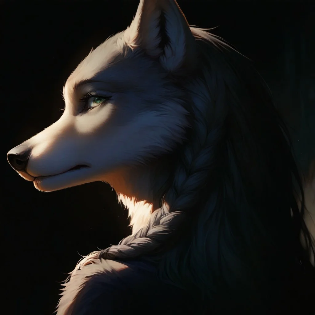 Realistic, highres, super high resolution, 8k, photo, anthro, furry, furry, anthro, fur, tail, detailed fur, detailed,1girl, furry, anthro, wolf, solo, dark, light, masterpiece, best quality, very aesthetic, close up, gray hair, gray twin braids, only two braids, parted lips, view from behind, looking over shoulder, green eyes, beautiful eyes, clear eyes, Realistic, highres, super high resolution, 8k, photo, anthro, furry, furry, anthro, fur, tail, detailed fur, detailed, looking concerned at viewer, facial expression concerned, doubtful