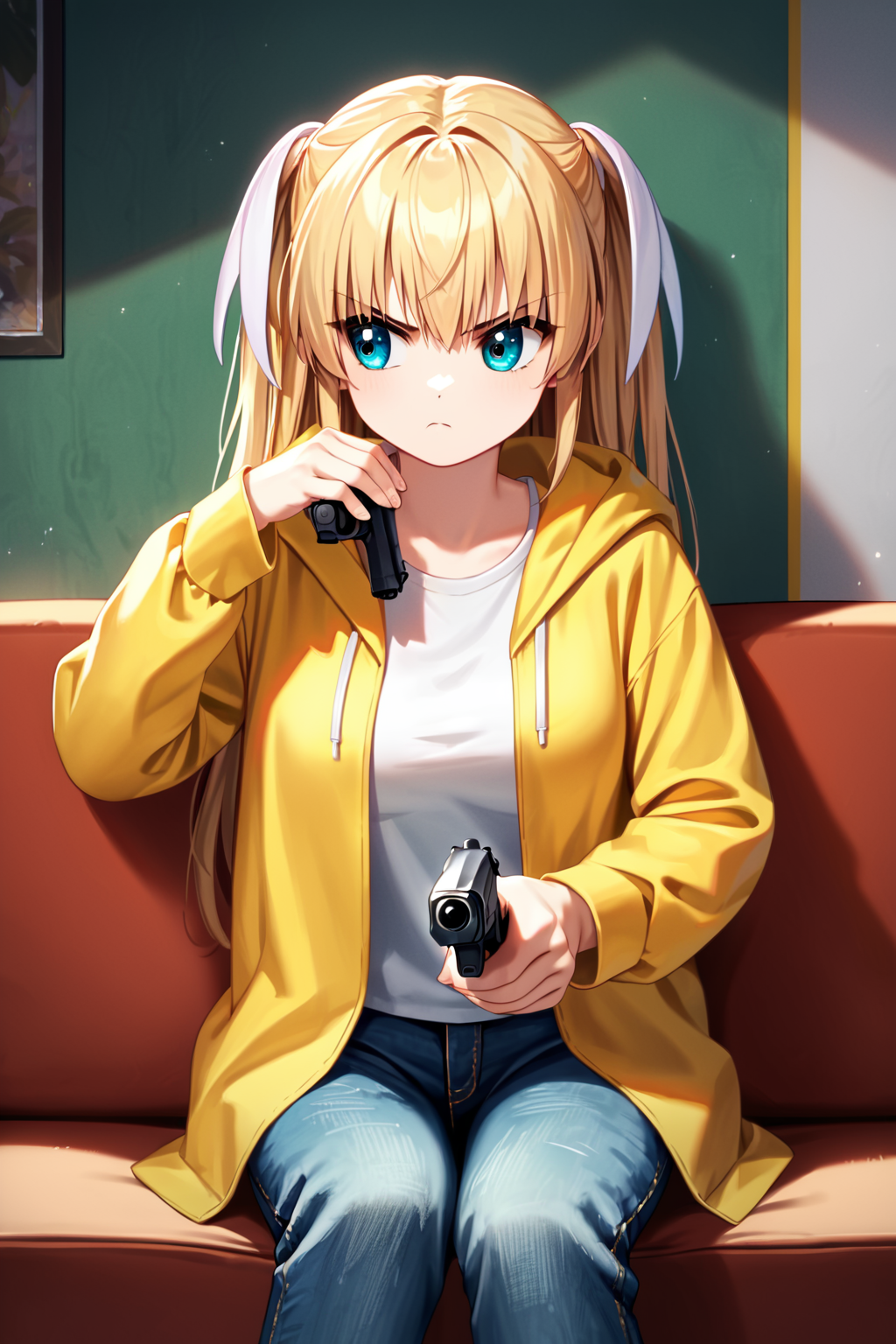 score_9, score_8_up, score_7_up, score_6_up, rating_safe, source_anime, best quality, masterpiece, detailed background, detailed eyes, indoors, sitting on couch, holding a gun, pistol, handgun, pout, looking away, <lora:tokido-saya-xl-05:1>, tokido saya, two side up, medium breasts, yellow hoodie, jeans,