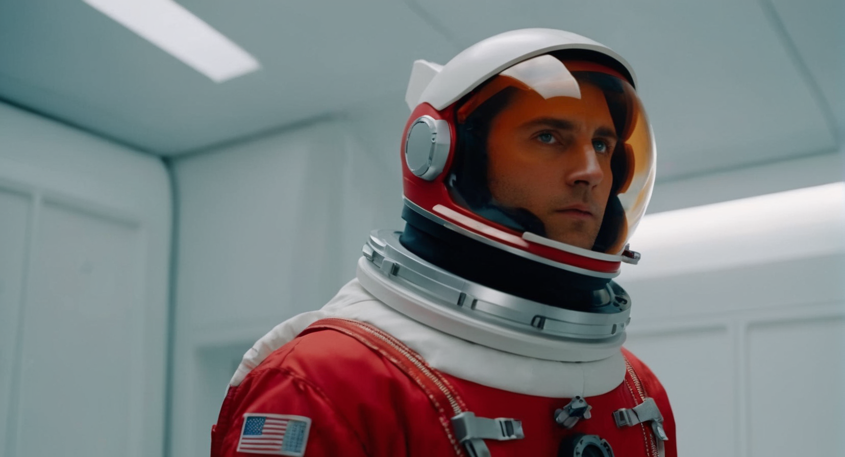 cinematic film still of  <lora:Cinematic Film:1> Cinematic Film stock footage in (arri alexa style) Kodak film print, a man in a red space suit standing in a white room Cinematic Film Style, shallow depth of field, vignette, highly detailed, high budget, bokeh, cinemascope, moody, epic, gorgeous, film grain, grainy