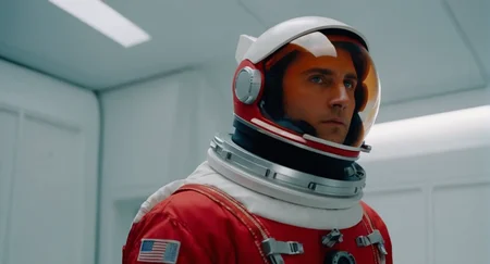 cinematic film still of <lora:Cinematic Film:1> Cinematic Film stock footage in (arri alexa style) Kodak film print, a man in a red space suit standing in a white room Cinematic Film Style, shallow depth of field, vignette, highly detailed, high budget, bokeh, cinemascope, moody, epic, gorgeous, film grain, grainy