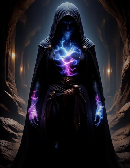 Realistic Picture of a mysterious, otherworldly woman standing in a futuristic otherworldly setting.  The woman is cloaked in a dark hooded robe. The inner fabric of the hood is dark red. The robe wraps around the figure and adding to the air of enigma. The robe is highlighted with streaks and accents of gold and with decorative stitchings in red.  Instead of a face, the figure has a swirling cosmic nebula where its face would be. This glowing nebula contains vibrant shades of pink, blue, and purple, creating a mesmerizing effect. The nebula appears to have a life of its own, with swirling clouds of cosmic dust and energy, giving the impression of infinite depth, as if this being contains a universe within. The colors of the nebula glow against the dark hood, making it appear both beautiful and slightly unsettling.  The muted, desolate setting contrasts starkly with the vibrant colors of the nebula, emphasizing the figure’s alien and supernatural nature. This image evokes feelings of mystery, wonder, and a touch of eeriness, as if this being is a immortal cosmic wanderer or a manifestation of the endless universe itself.