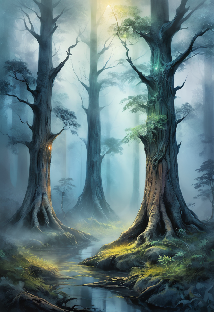 a grove of ancient trees standing together in silence, a sapling glowing with life in the dim forest light, <lora:Artfully_TREES2-000003:0.6>, painted in watercolor, depth map, accentuated by sharp outlines, accented with metallic sheen, surrounded by mist and fog, enhanced with glowing highlights masterpiece, detailed, best quality, absurd resolution uhd, 8k,