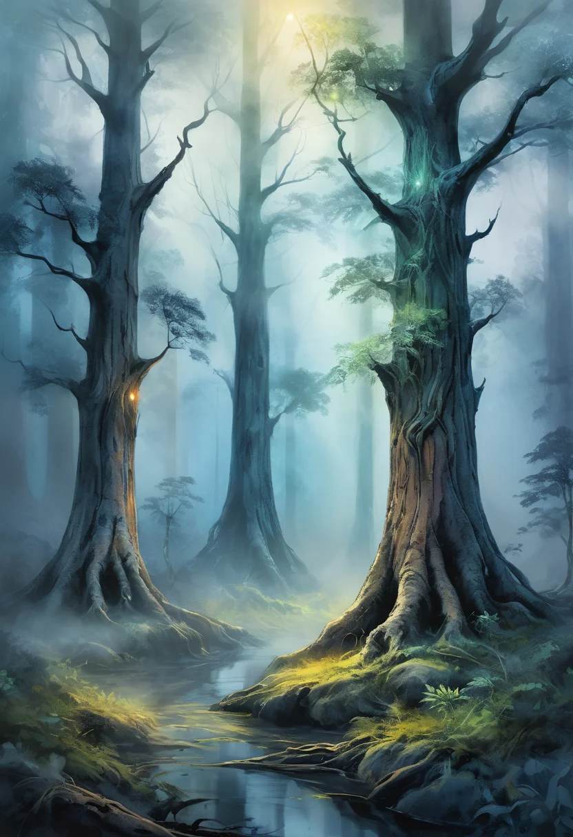 a grove of ancient trees standing together in silence, a sapling glowing with life in the dim forest light, <lora:Artfully_TREES2-000003:0.6>, painted in watercolor, depth map, accentuated by sharp outlines, accented with metallic sheen, surrounded by mist and fog, enhanced with glowing highlights masterpiece, detailed, best quality, absurd resolution uhd, 8k,