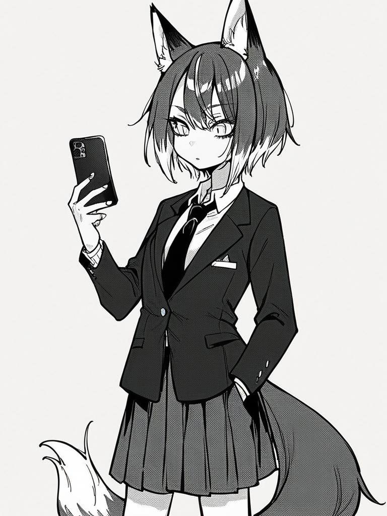 score_9, score_8_up, score_7_up,  
1girl, monochrome, medium hair, grey hair, fox ears, fox tail,  white eyes, slit pupils, standing, school uniform, blazer, hand in pocket, white background, holding phone, looking at phone, loose socks, pleated skirt, grey skirt, necktie, medium breasts,  white highlights, solo,