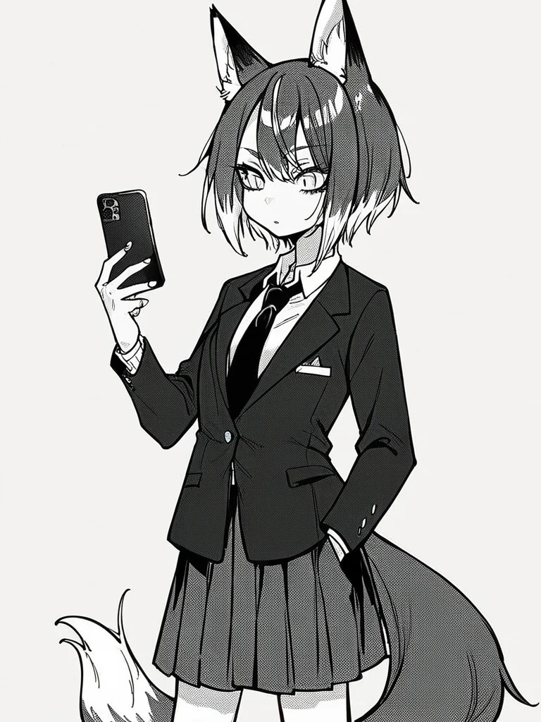 score_9, score_8_up, score_7_up,  
1girl, monochrome, medium hair, grey hair, fox ears, fox tail,  white eyes, slit pupils, standing, school uniform, blazer, hand in pocket, white background, holding phone, looking at phone, loose socks, pleated skirt, grey skirt, necktie, medium breasts,  white highlights, solo,
